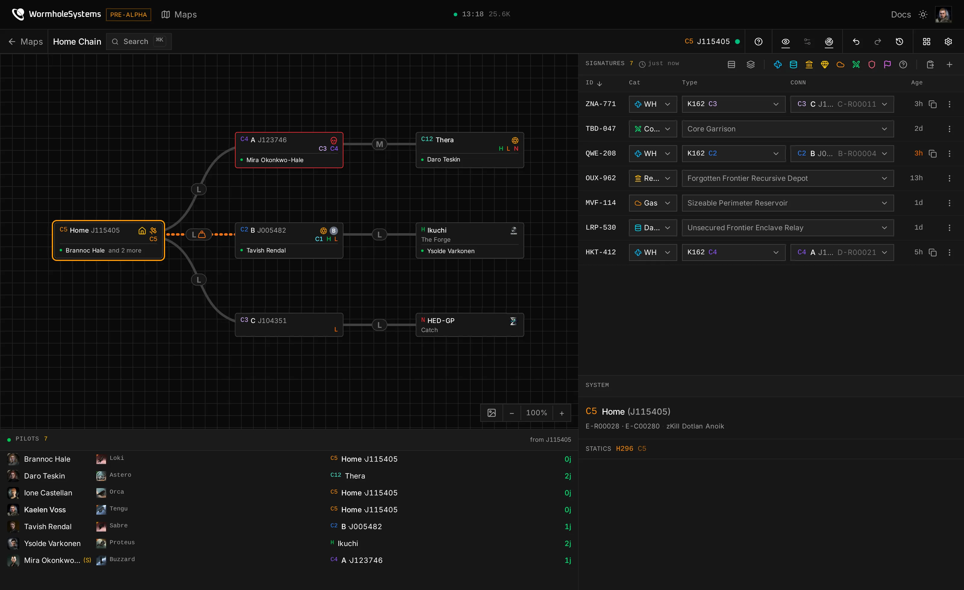 The map page: a chain of seven systems out of a C5 home, one of them hostile, with the home system's signatures, its class and statics, and the pilots on the map in the ships they are flying.